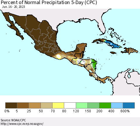 Mexico Central America and the Caribbean Percent of Normal Precipitation 5-Day (CPC) Thematic Map For 6/16/2023 - 6/20/2023