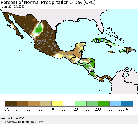 Mexico Central America and the Caribbean Percent of Normal Precipitation 5-Day (CPC) Thematic Map For 6/21/2023 - 6/25/2023