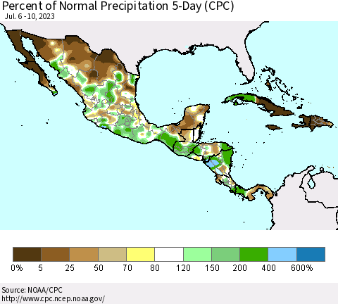 Mexico Central America and the Caribbean Percent of Normal Precipitation 5-Day (CPC) Thematic Map For 7/6/2023 - 7/10/2023