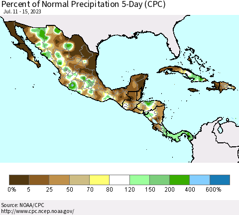 Mexico Central America and the Caribbean Percent of Normal Precipitation 5-Day (CPC) Thematic Map For 7/11/2023 - 7/15/2023