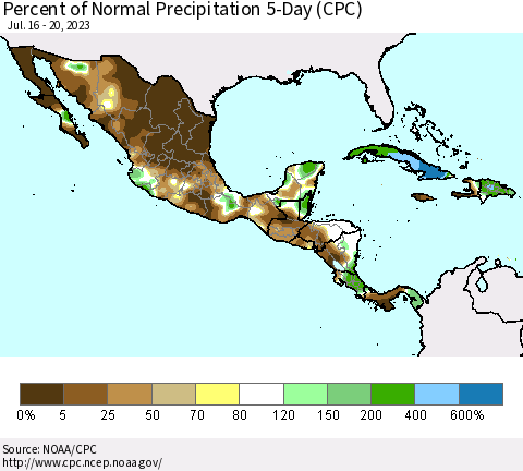 Mexico Central America and the Caribbean Percent of Normal Precipitation 5-Day (CPC) Thematic Map For 7/16/2023 - 7/20/2023