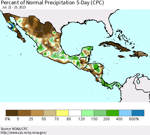 Mexico Central America and the Caribbean Percent of Normal Precipitation 5-Day (CPC) Thematic Map For 7/21/2023 - 7/25/2023