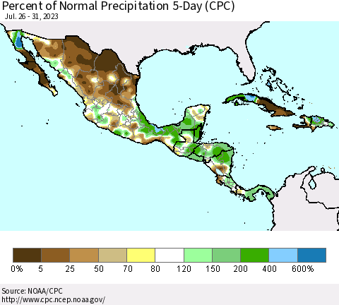 Mexico Central America and the Caribbean Percent of Normal Precipitation 5-Day (CPC) Thematic Map For 7/26/2023 - 7/31/2023