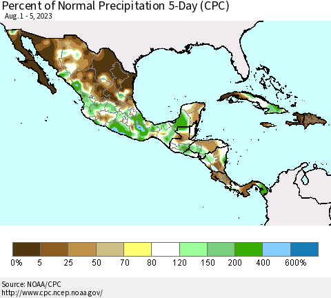 Mexico Central America and the Caribbean Percent of Normal Precipitation 5-Day (CPC) Thematic Map For 8/1/2023 - 8/5/2023
