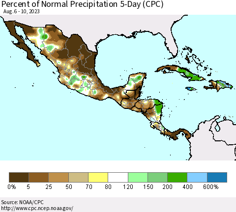 Mexico Central America and the Caribbean Percent of Normal Precipitation 5-Day (CPC) Thematic Map For 8/6/2023 - 8/10/2023