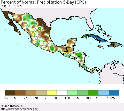 Mexico Central America and the Caribbean Percent of Normal Precipitation 5-Day (CPC) Thematic Map For 8/11/2023 - 8/15/2023