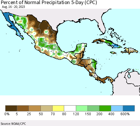 Mexico Central America and the Caribbean Percent of Normal Precipitation 5-Day (CPC) Thematic Map For 8/16/2023 - 8/20/2023