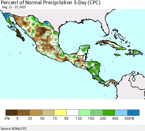 Mexico Central America and the Caribbean Percent of Normal Precipitation 5-Day (CPC) Thematic Map For 8/21/2023 - 8/25/2023