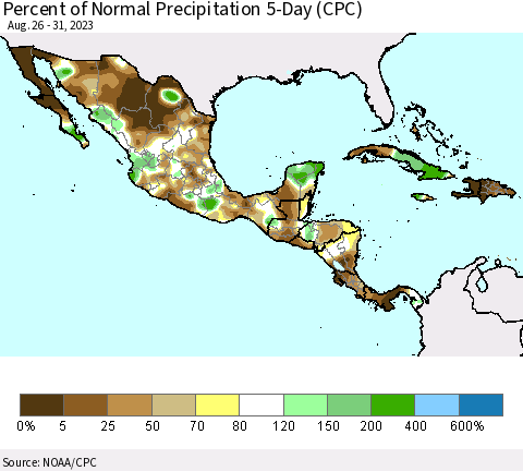 Mexico Central America and the Caribbean Percent of Normal Precipitation 5-Day (CPC) Thematic Map For 8/26/2023 - 8/31/2023