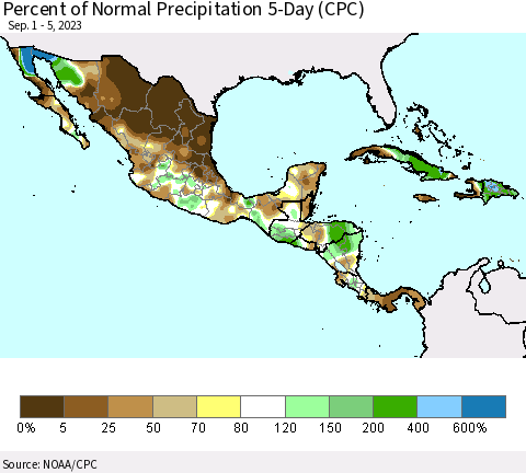 Mexico Central America and the Caribbean Percent of Normal Precipitation 5-Day (CPC) Thematic Map For 9/1/2023 - 9/5/2023