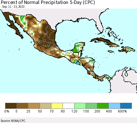 Mexico Central America and the Caribbean Percent of Normal Precipitation 5-Day (CPC) Thematic Map For 9/11/2023 - 9/15/2023