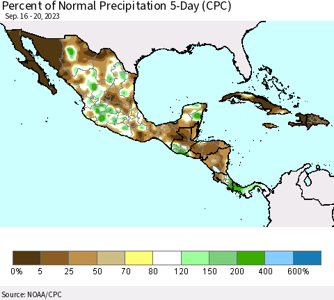 Mexico Central America and the Caribbean Percent of Normal Precipitation 5-Day (CPC) Thematic Map For 9/16/2023 - 9/20/2023