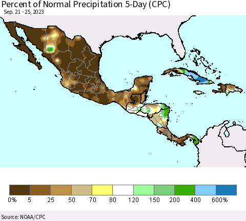 Mexico Central America and the Caribbean Percent of Normal Precipitation 5-Day (CPC) Thematic Map For 9/21/2023 - 9/25/2023