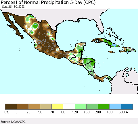 Mexico Central America and the Caribbean Percent of Normal Precipitation 5-Day (CPC) Thematic Map For 9/26/2023 - 9/30/2023