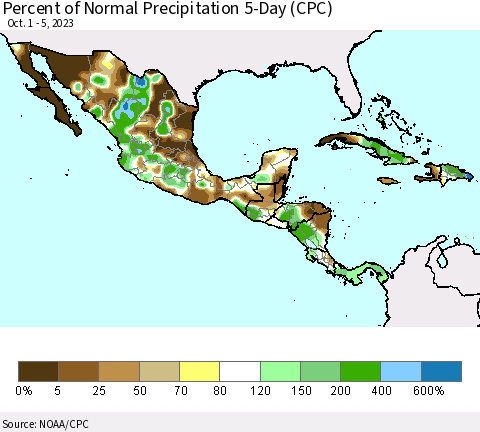 Mexico Central America and the Caribbean Percent of Normal Precipitation 5-Day (CPC) Thematic Map For 10/1/2023 - 10/5/2023
