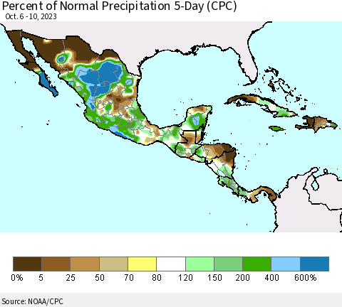 Mexico Central America and the Caribbean Percent of Normal Precipitation 5-Day (CPC) Thematic Map For 10/6/2023 - 10/10/2023