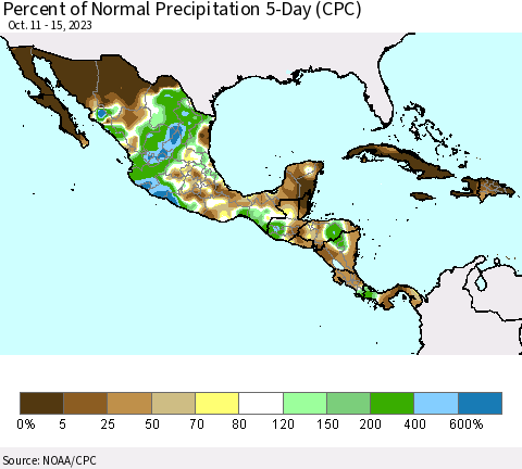 Mexico Central America and the Caribbean Percent of Normal Precipitation 5-Day (CPC) Thematic Map For 10/11/2023 - 10/15/2023