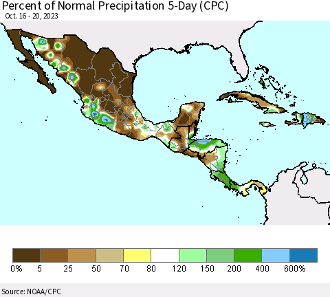 Mexico Central America and the Caribbean Percent of Normal Precipitation 5-Day (CPC) Thematic Map For 10/16/2023 - 10/20/2023