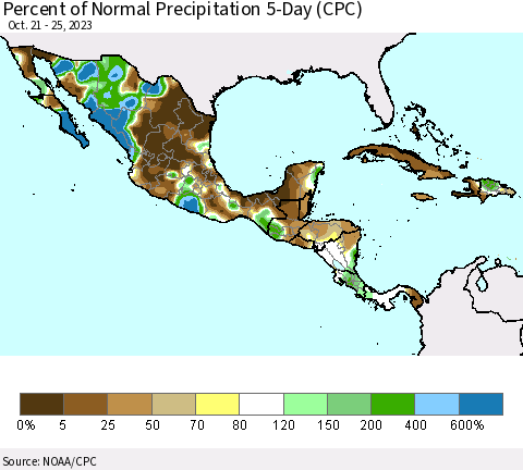 Mexico Central America and the Caribbean Percent of Normal Precipitation 5-Day (CPC) Thematic Map For 10/21/2023 - 10/25/2023
