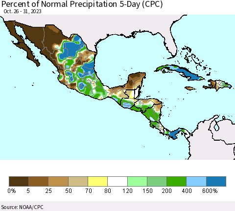 Mexico Central America and the Caribbean Percent of Normal Precipitation 5-Day (CPC) Thematic Map For 10/26/2023 - 10/31/2023