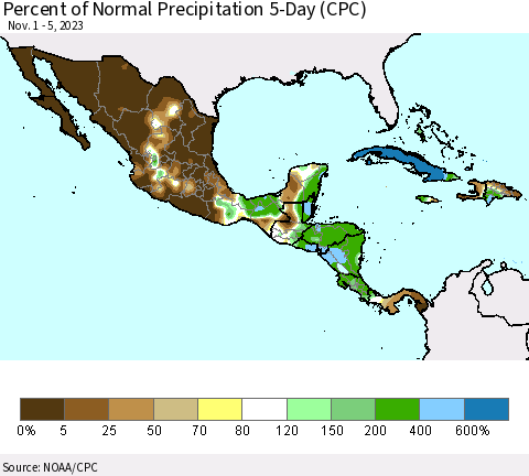 Mexico Central America and the Caribbean Percent of Normal Precipitation 5-Day (CPC) Thematic Map For 11/1/2023 - 11/5/2023