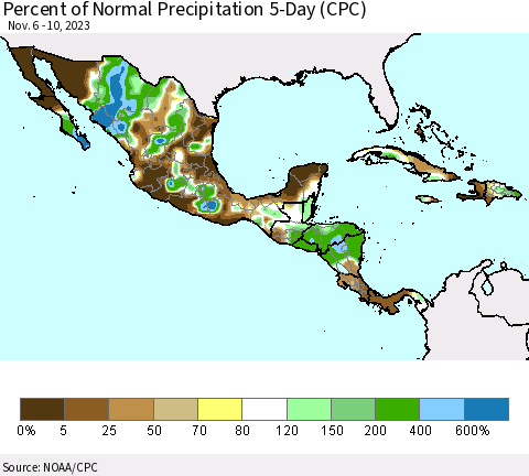 Mexico Central America and the Caribbean Percent of Normal Precipitation 5-Day (CPC) Thematic Map For 11/6/2023 - 11/10/2023
