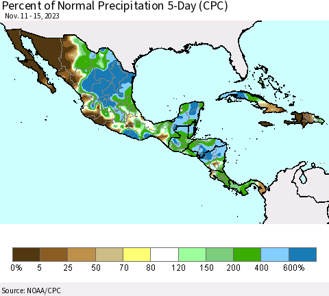 Mexico Central America and the Caribbean Percent of Normal Precipitation 5-Day (CPC) Thematic Map For 11/11/2023 - 11/15/2023