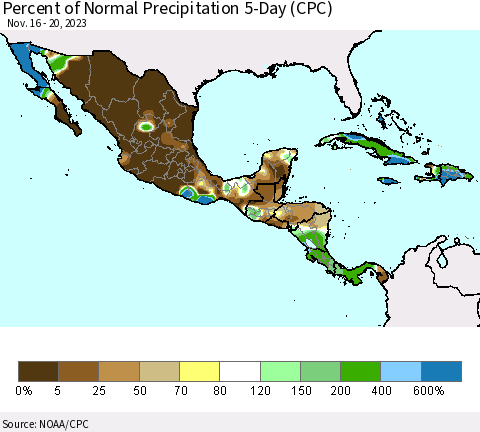 Mexico Central America and the Caribbean Percent of Normal Precipitation 5-Day (CPC) Thematic Map For 11/16/2023 - 11/20/2023