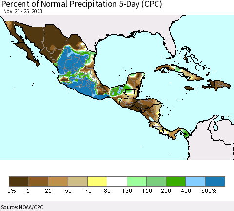 Mexico Central America and the Caribbean Percent of Normal Precipitation 5-Day (CPC) Thematic Map For 11/21/2023 - 11/25/2023