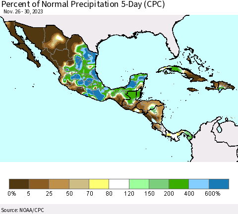 Mexico Central America and the Caribbean Percent of Normal Precipitation 5-Day (CPC) Thematic Map For 11/26/2023 - 11/30/2023