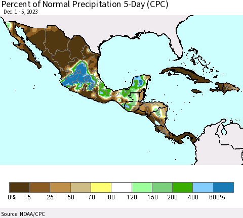 Mexico Central America and the Caribbean Percent of Normal Precipitation 5-Day (CPC) Thematic Map For 12/1/2023 - 12/5/2023