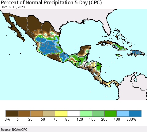 Mexico Central America and the Caribbean Percent of Normal Precipitation 5-Day (CPC) Thematic Map For 12/6/2023 - 12/10/2023