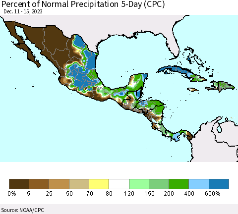 Mexico Central America and the Caribbean Percent of Normal Precipitation 5-Day (CPC) Thematic Map For 12/11/2023 - 12/15/2023