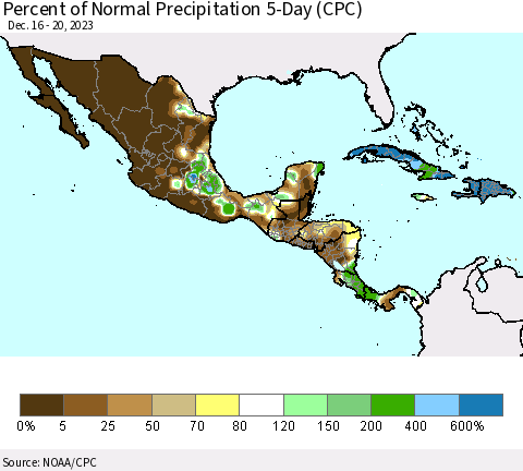 Mexico Central America and the Caribbean Percent of Normal Precipitation 5-Day (CPC) Thematic Map For 12/16/2023 - 12/20/2023