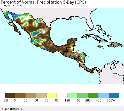 Mexico Central America and the Caribbean Percent of Normal Precipitation 5-Day (CPC) Thematic Map For 12/21/2023 - 12/25/2023