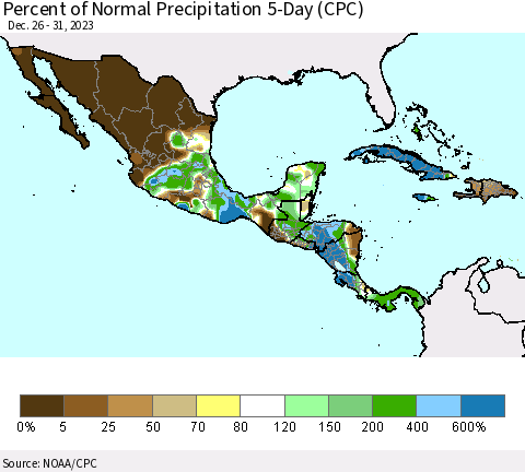Mexico Central America and the Caribbean Percent of Normal Precipitation 5-Day (CPC) Thematic Map For 12/26/2023 - 12/31/2023
