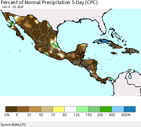 Mexico Central America and the Caribbean Percent of Normal Precipitation 5-Day (CPC) Thematic Map For 1/6/2024 - 1/10/2024