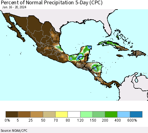 Mexico Central America and the Caribbean Percent of Normal Precipitation 5-Day (CPC) Thematic Map For 1/16/2024 - 1/20/2024