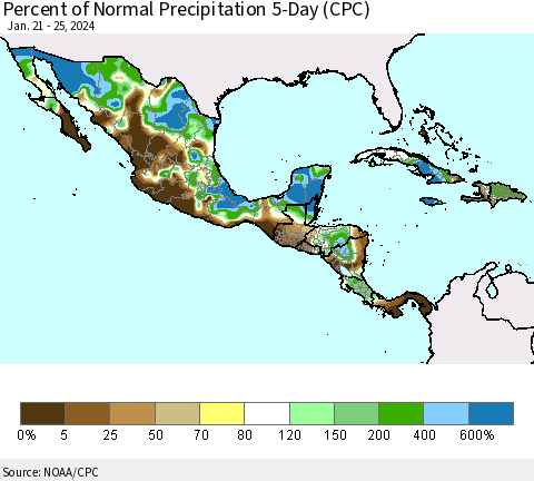 Mexico Central America and the Caribbean Percent of Normal Precipitation 5-Day (CPC) Thematic Map For 1/21/2024 - 1/25/2024