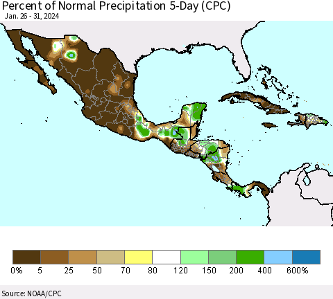 Mexico Central America and the Caribbean Percent of Normal Precipitation 5-Day (CPC) Thematic Map For 1/26/2024 - 1/31/2024