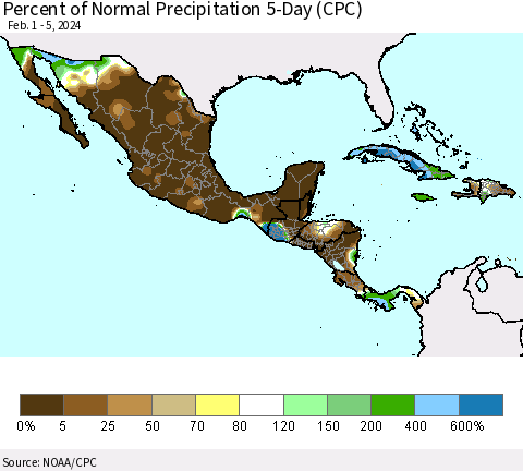Mexico Central America and the Caribbean Percent of Normal Precipitation 5-Day (CPC) Thematic Map For 2/1/2024 - 2/5/2024