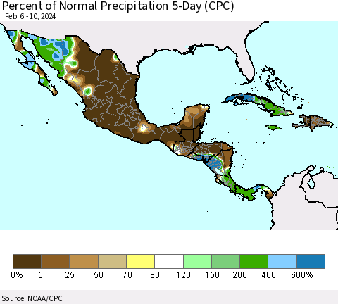 Mexico Central America and the Caribbean Percent of Normal Precipitation 5-Day (CPC) Thematic Map For 2/6/2024 - 2/10/2024