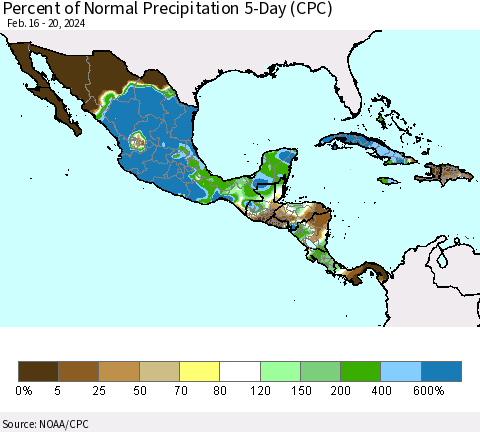 Mexico Central America and the Caribbean Percent of Normal Precipitation 5-Day (CPC) Thematic Map For 2/16/2024 - 2/20/2024