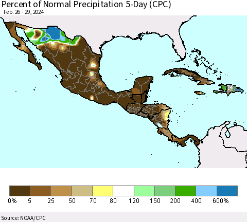 Mexico Central America and the Caribbean Percent of Normal Precipitation 5-Day (CPC) Thematic Map For 2/26/2024 - 2/29/2024