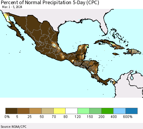 Mexico Central America and the Caribbean Percent of Normal Precipitation 5-Day (CPC) Thematic Map For 3/1/2024 - 3/5/2024