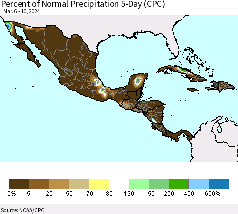 Mexico Central America and the Caribbean Percent of Normal Precipitation 5-Day (CPC) Thematic Map For 3/6/2024 - 3/10/2024