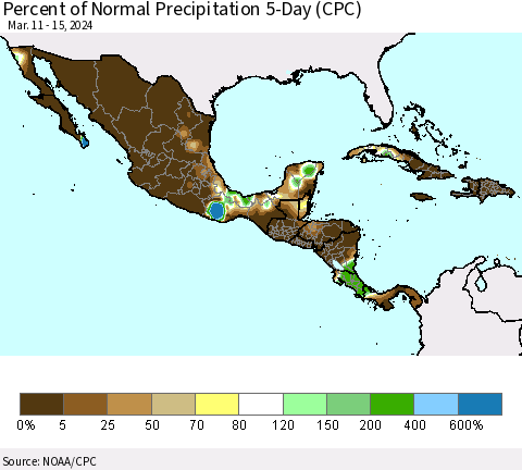 Mexico Central America and the Caribbean Percent of Normal Precipitation 5-Day (CPC) Thematic Map For 3/11/2024 - 3/15/2024