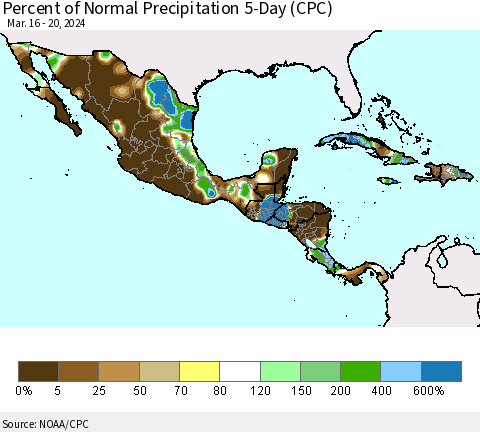 Mexico Central America and the Caribbean Percent of Normal Precipitation 5-Day (CPC) Thematic Map For 3/16/2024 - 3/20/2024