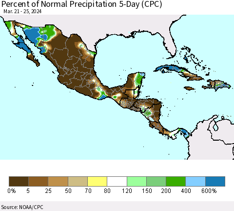 Mexico Central America and the Caribbean Percent of Normal Precipitation 5-Day (CPC) Thematic Map For 3/21/2024 - 3/25/2024