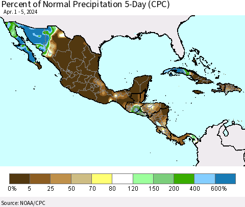 Mexico Central America and the Caribbean Percent of Normal Precipitation 5-Day (CPC) Thematic Map For 4/1/2024 - 4/5/2024